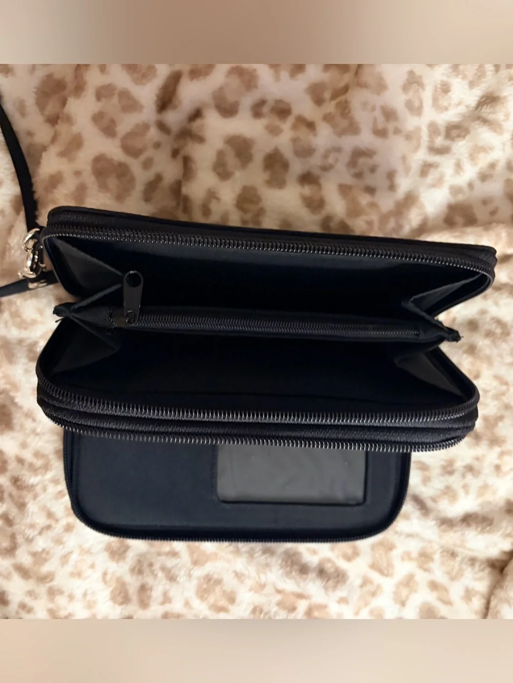 Classic Black Double-Zip Wallet w. Strap | EUC | Two Interior Compartments